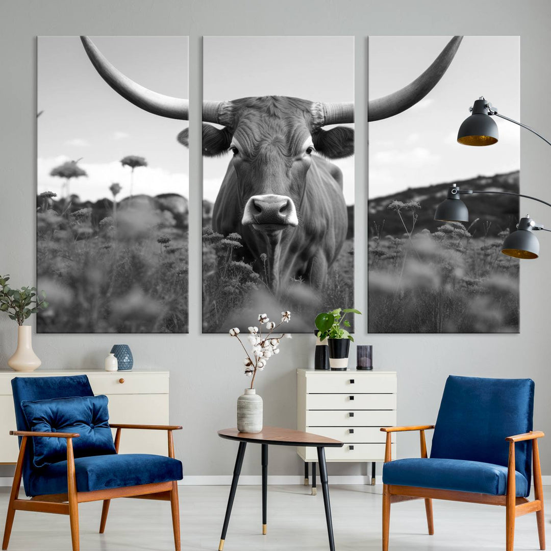 Cow Bighorn Wall Art Canvas Print, Longhorn Texas Large Cow Animal Canvas Print