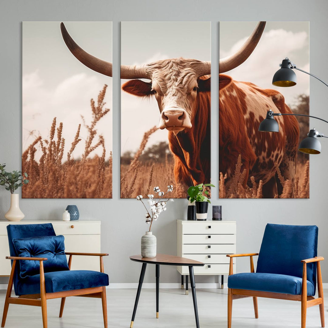 Cow Bighorn Wall Art Canvas Print, Longhorn Texas Large Cow Animal Canvas Print