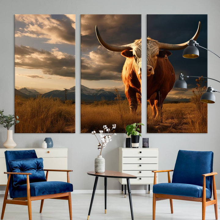 Cow Bighorn Wall Art Canvas Print, Longhorn Texas Large Cow Animal Canvas Print