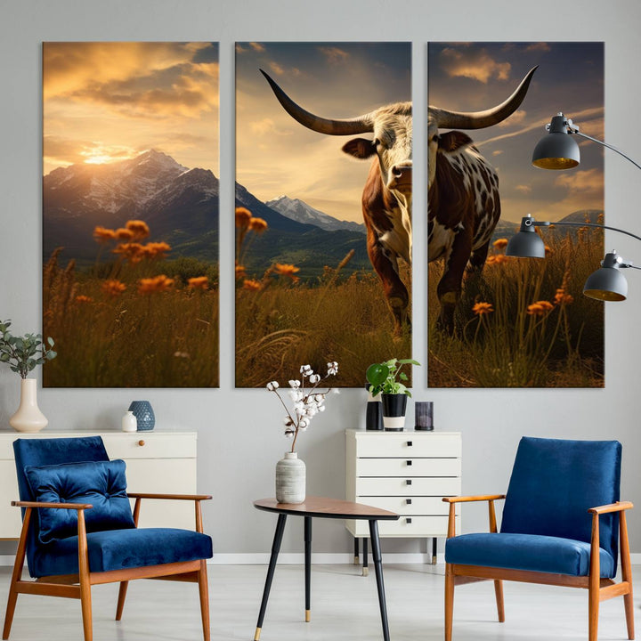 Cow Bighorn Wall Art Canvas Print, Longhorn Texas Large Cow Animal Canvas Print