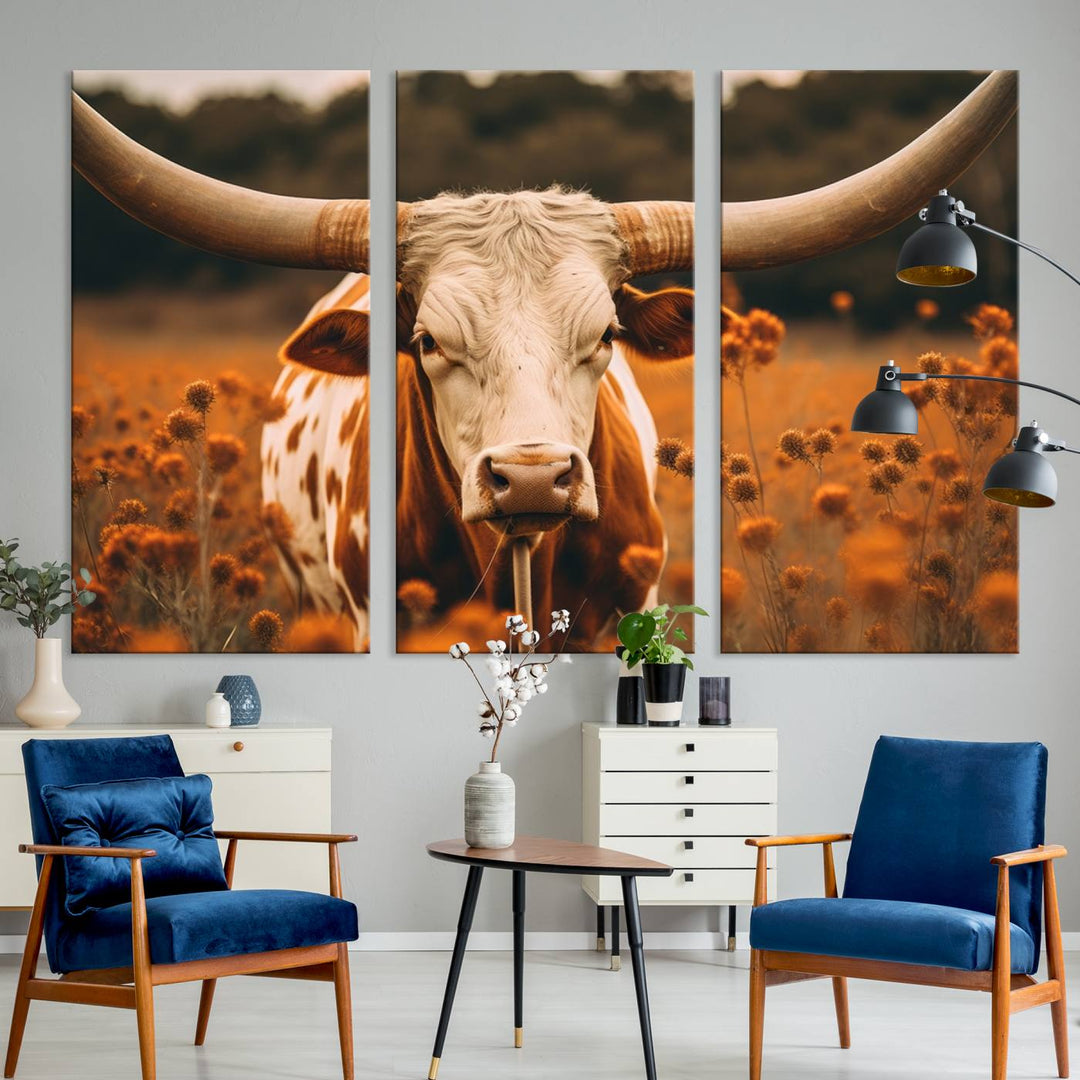 Cow Bighorn Wall Art Canvas Print, Longhorn Texas Large Cow Animal Canvas Print