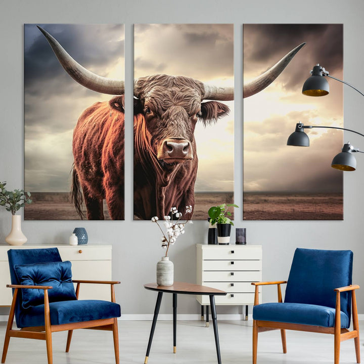 Cow Bighorn Wall Art Canvas Print, Longhorn Texas Large Cow Animal Canvas Print