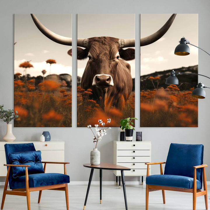 Cow Bighorn Wall Art Canvas Print, Longhorn Texas Large Cow Animal Canvas Print