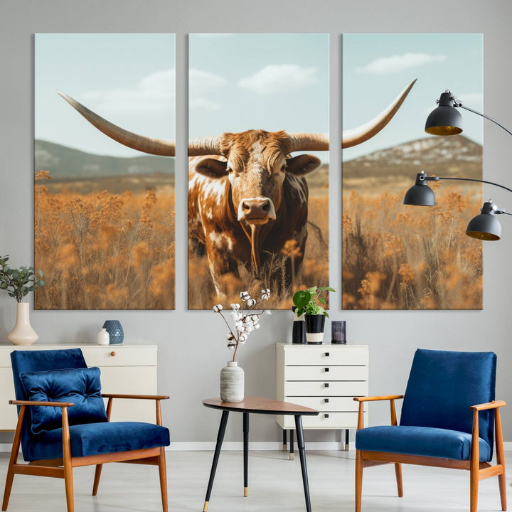 Cow Bighorn Wall Art Canvas Print, Longhorn Texas Large Cow Animal Canvas Print