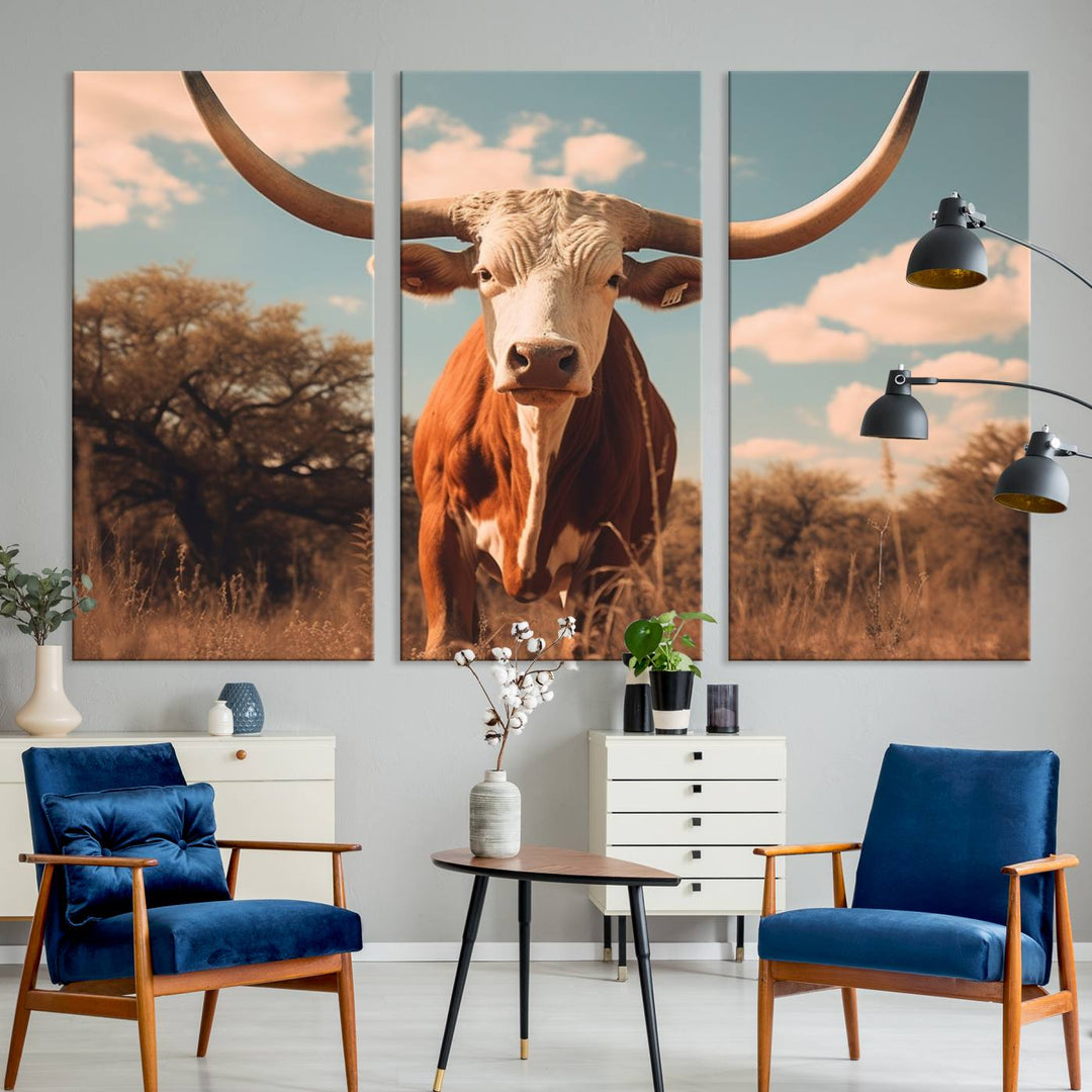 Cow Bighorn Wall Art Canvas Print, Longhorn Texas Large Cow Animal Canvas Print