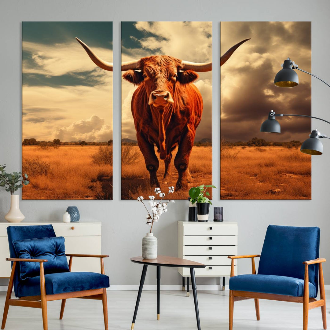 Cow Bighorn Wall Art Canvas Print, Longhorn Texas Large Cow Animal Canvas Print