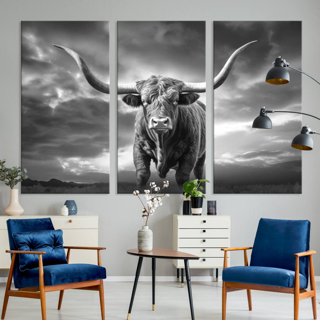 Cow Bighorn Wall Art Canvas Print, Longhorn Texas Large Cow Animal Canvas Print