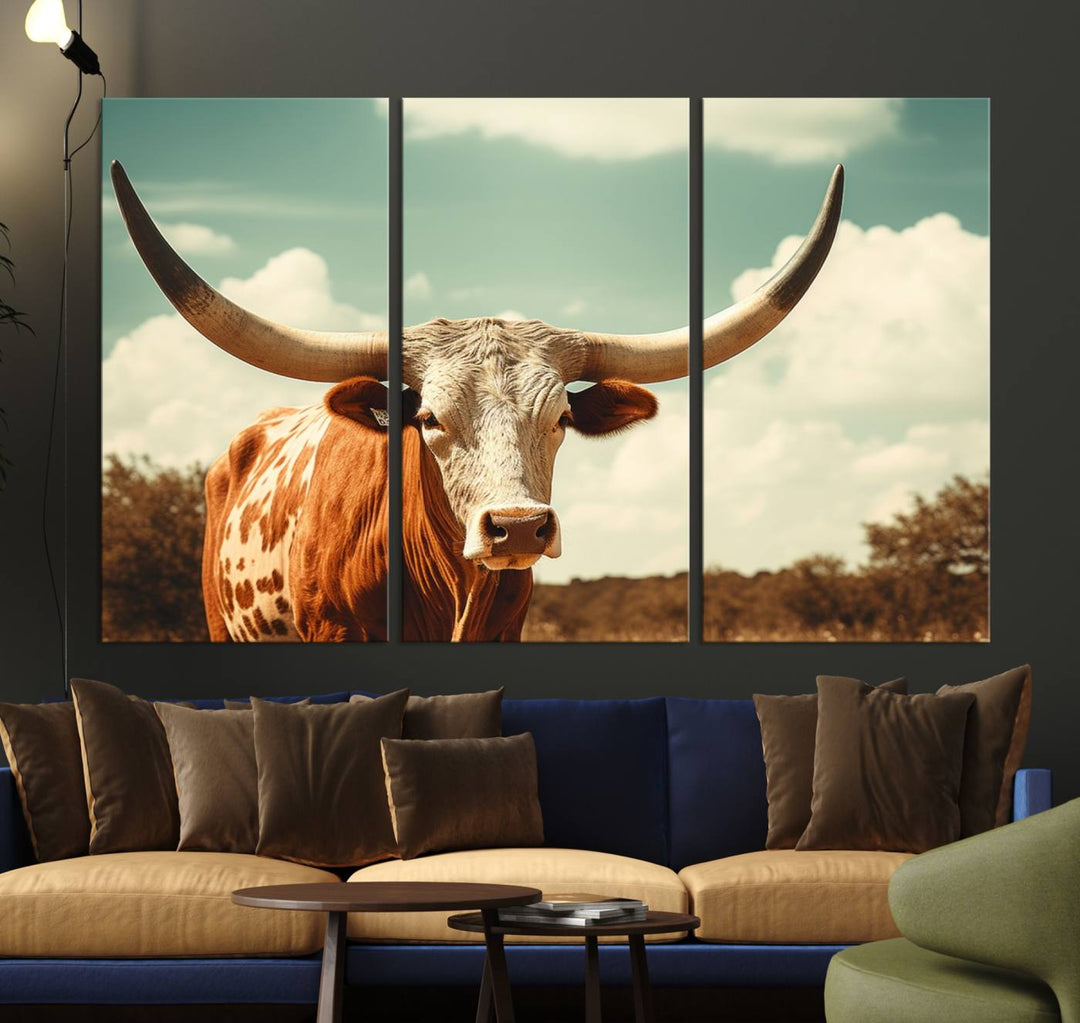 Cow Bighorn Wall Art Canvas Print, Longhorn Texas Large Cow Animal Canvas Print