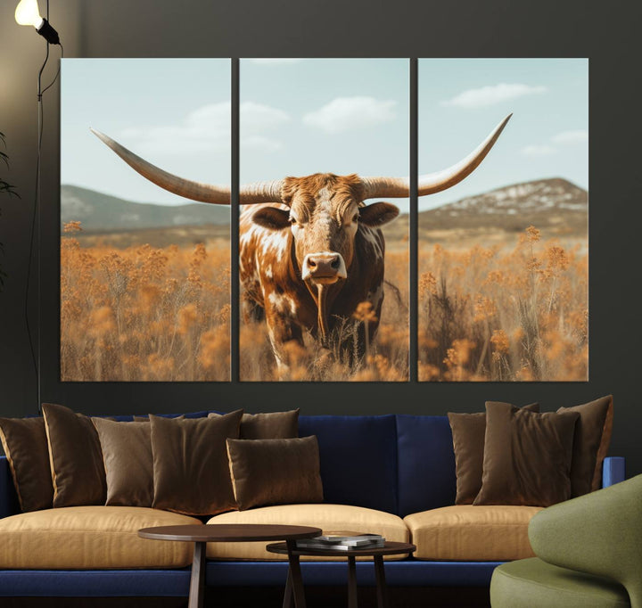 Cow Bighorn Wall Art Canvas Print, Longhorn Texas Large Cow Animal Canvas Print