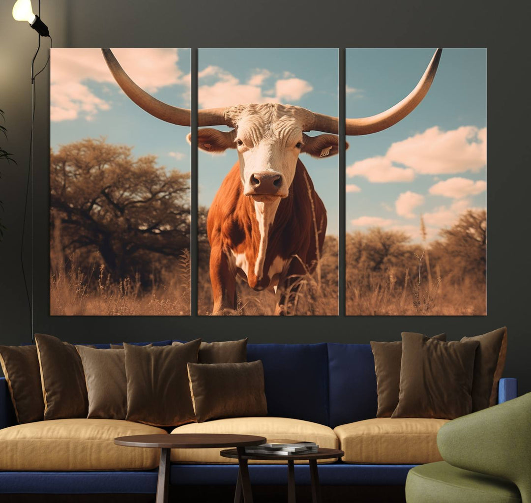 Cow Bighorn Wall Art Canvas Print, Longhorn Texas Large Cow Animal Canvas Print