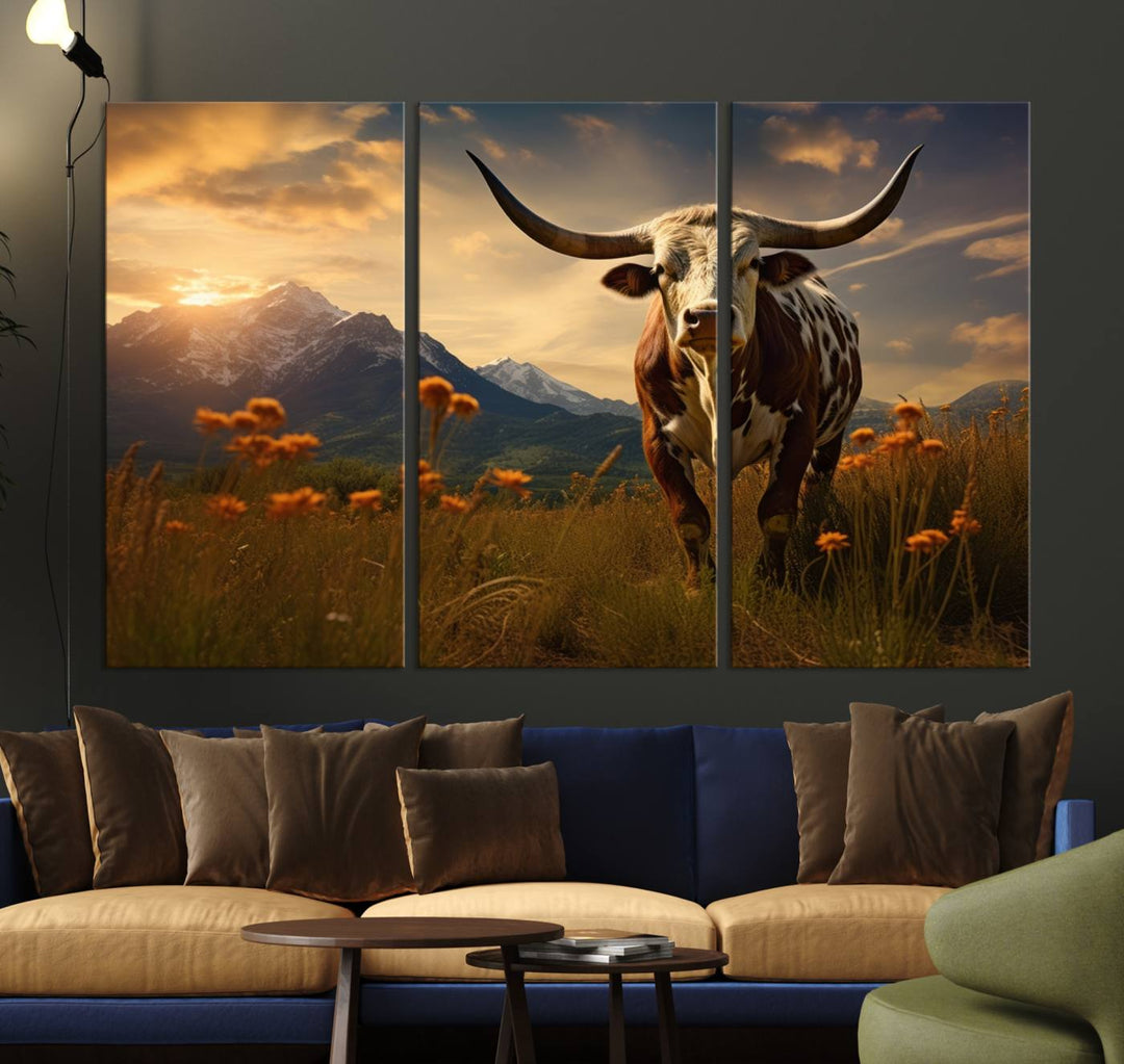 Cow Bighorn Wall Art Canvas Print, Longhorn Texas Large Cow Animal Canvas Print