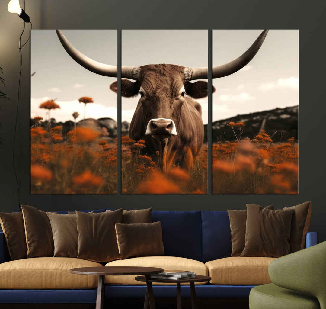 Cow Bighorn Wall Art Canvas Print, Longhorn Texas Large Cow Animal Canvas Print