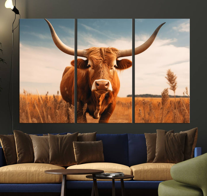 Cow Bighorn Wall Art Canvas Print, Longhorn Texas Large Cow Animal Canvas Print