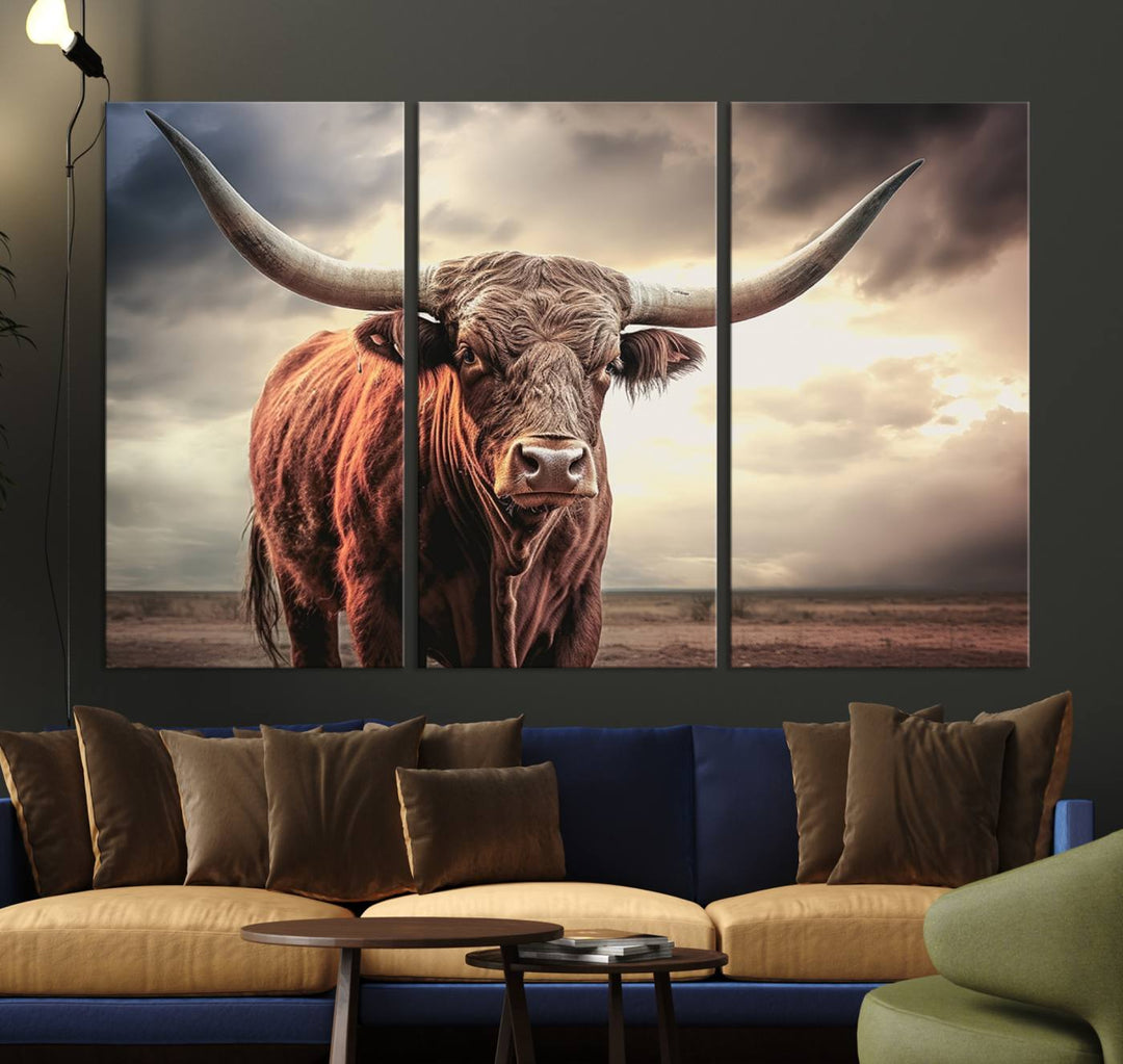 Cow Bighorn Wall Art Canvas Print, Longhorn Texas Large Cow Animal Canvas Print