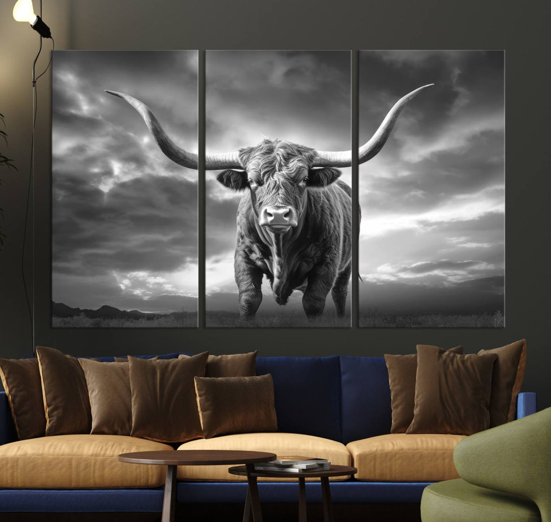 Cow Bighorn Wall Art Canvas Print, Longhorn Texas Large Cow Animal Canvas Print