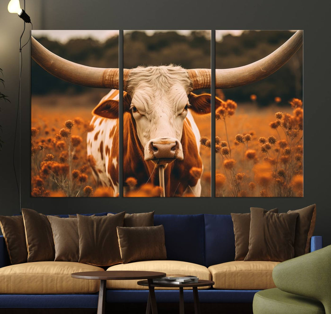 Cow Bighorn Wall Art Canvas Print, Longhorn Texas Large Cow Animal Canvas Print