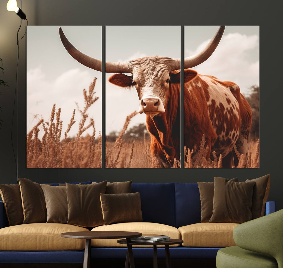 Cow Bighorn Wall Art Canvas Print, Longhorn Texas Large Cow Animal Canvas Print