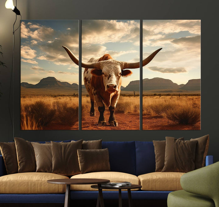 Cow Bighorn Wall Art Canvas Print, Longhorn Texas Large Cow Animal Canvas Print