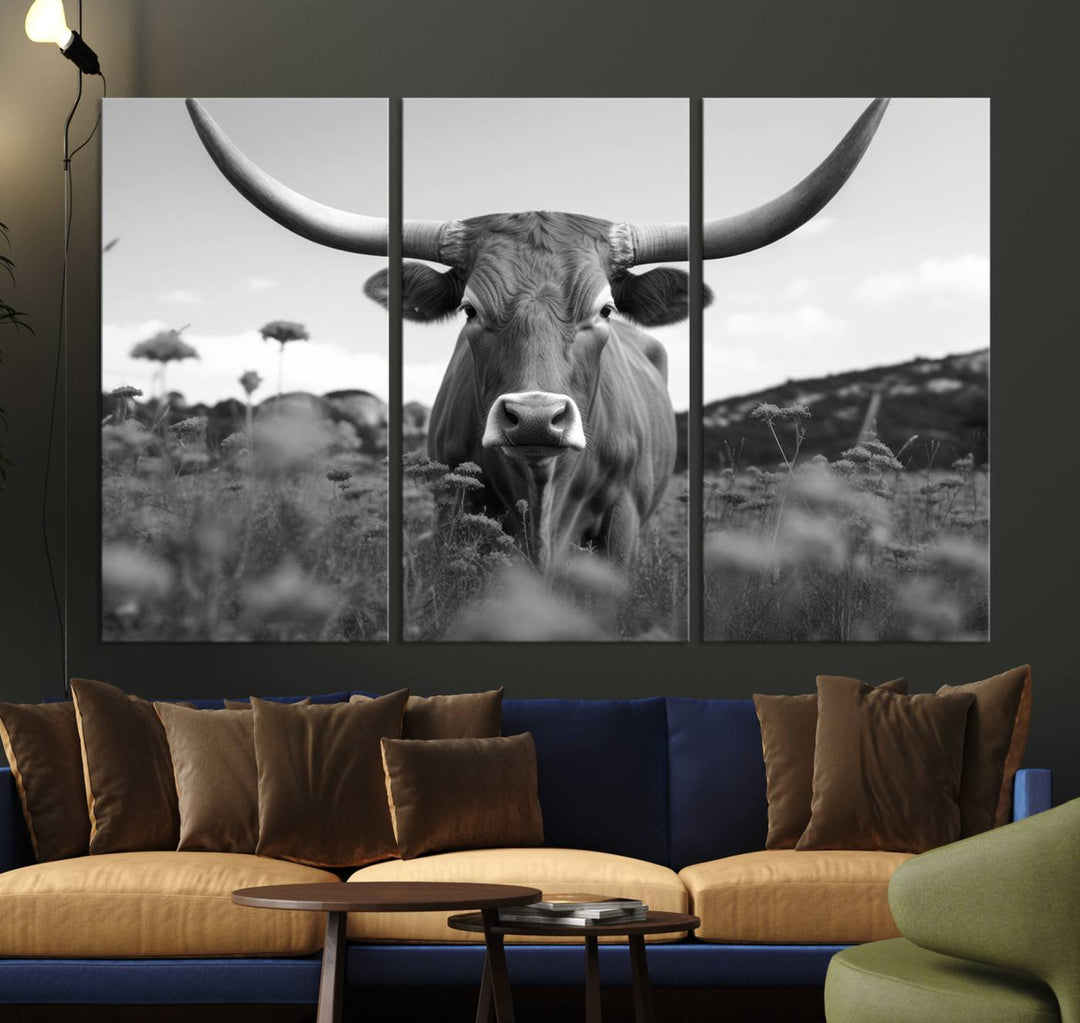 Cow Bighorn Wall Art Canvas Print, Longhorn Texas Large Cow Animal Canvas Print