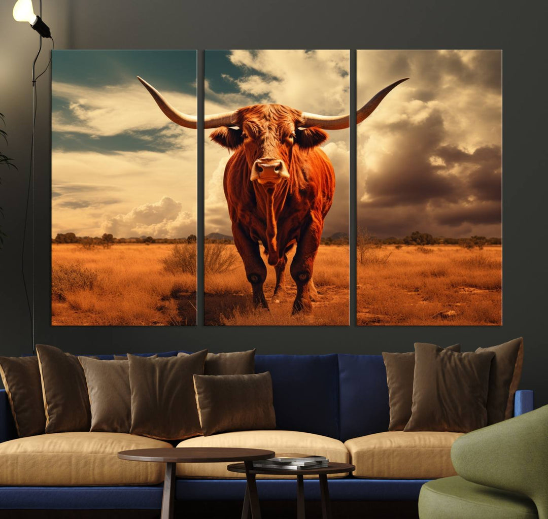 Cow Bighorn Wall Art Canvas Print, Longhorn Texas Large Cow Animal Canvas Print