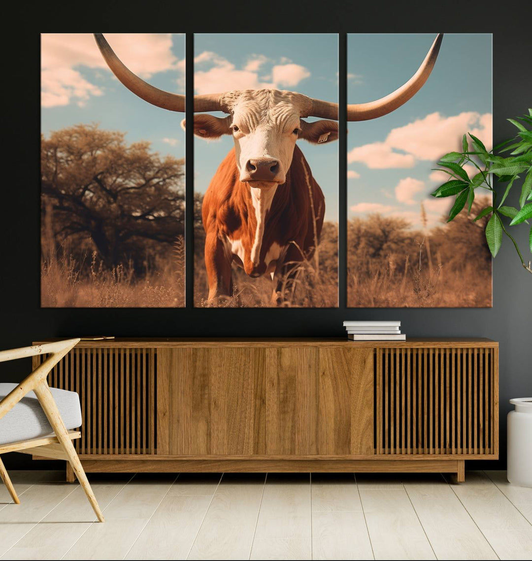 Cow Bighorn Wall Art Canvas Print, Longhorn Texas Large Cow Animal Canvas Print