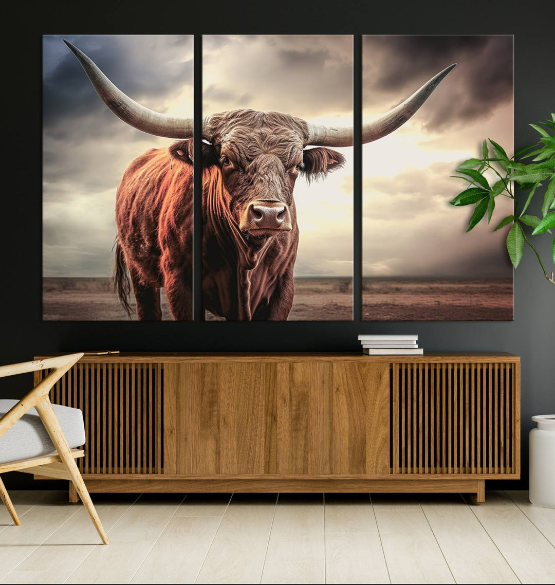 Cow Bighorn Wall Art Canvas Print, Longhorn Texas Large Cow Animal Canvas Print