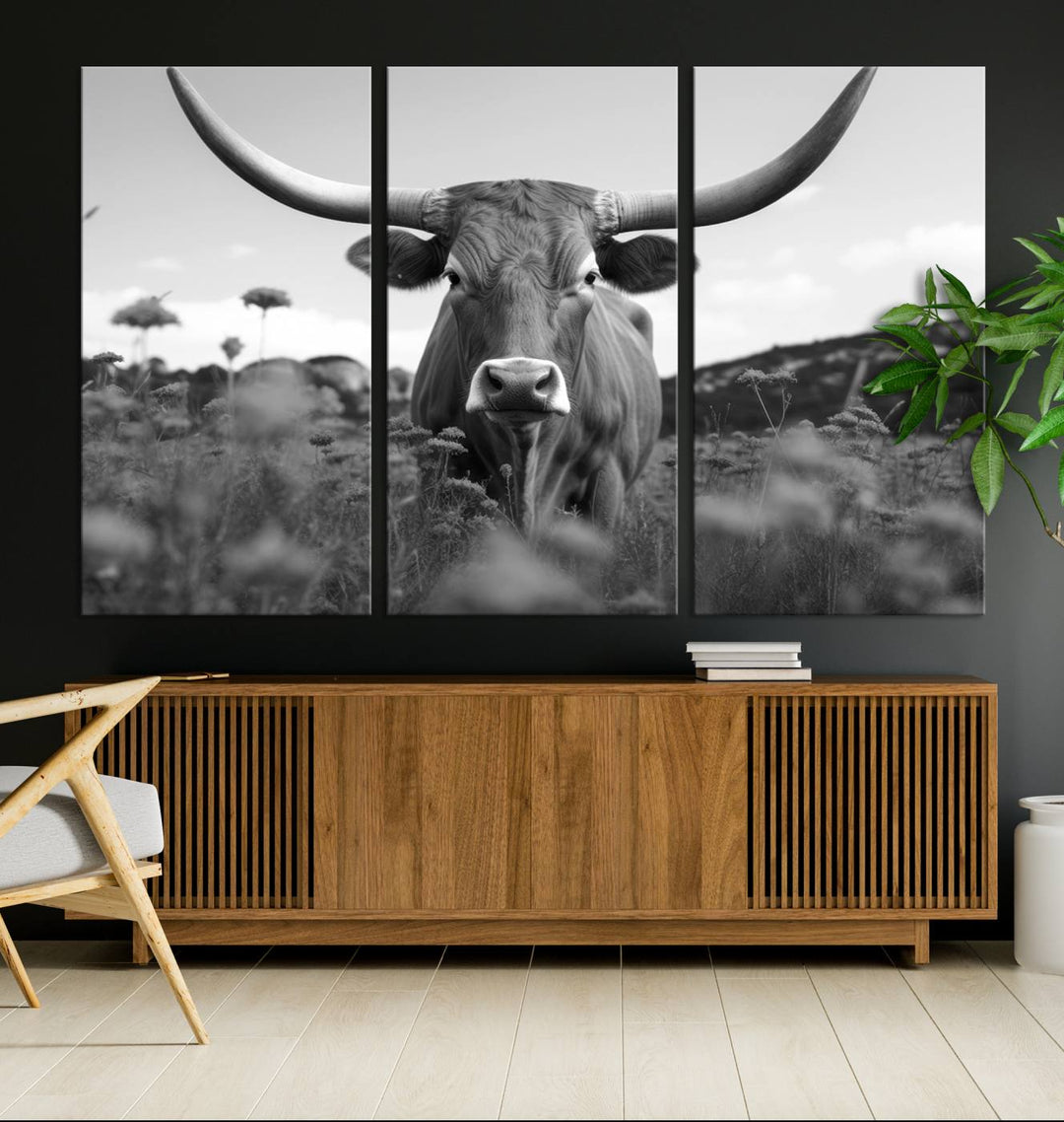 Cow Bighorn Wall Art Canvas Print, Longhorn Texas Large Cow Animal Canvas Print