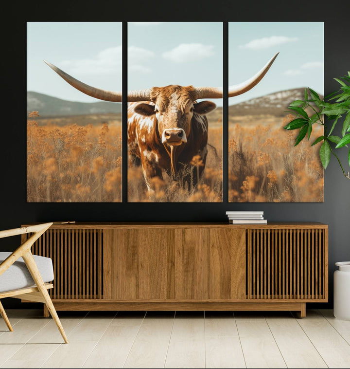 Cow Bighorn Wall Art Canvas Print, Longhorn Texas Large Cow Animal Canvas Print