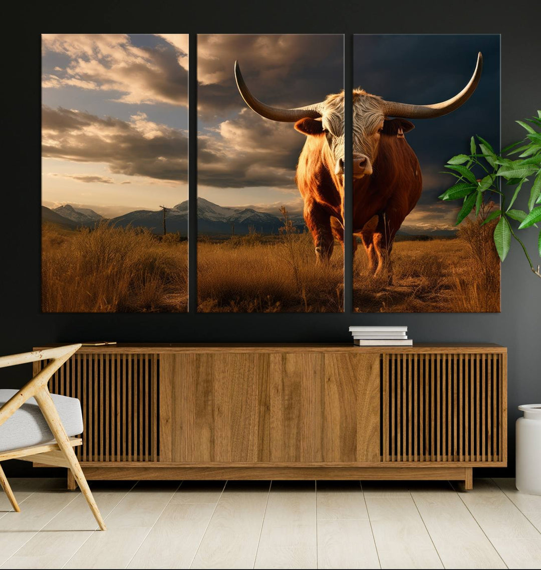 Cow Bighorn Wall Art Canvas Print, Longhorn Texas Large Cow Animal Canvas Print