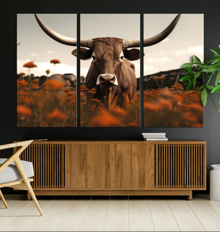 Cow Bighorn Wall Art Canvas Print, Longhorn Texas Large Cow Animal Canvas Print