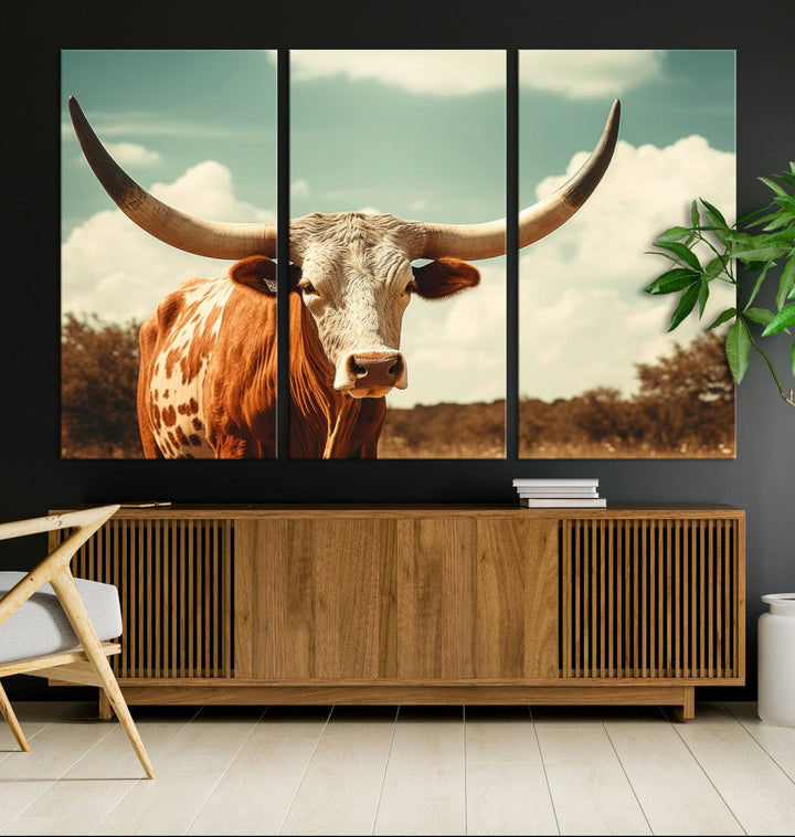 Cow Bighorn Wall Art Canvas Print, Longhorn Texas Large Cow Animal Canvas Print