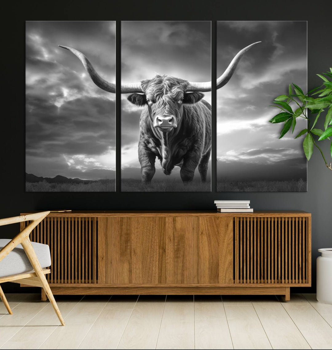 Cow Bighorn Wall Art Canvas Print, Longhorn Texas Large Cow Animal Canvas Print