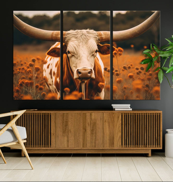 Cow Bighorn Wall Art Canvas Print, Longhorn Texas Large Cow Animal Canvas Print