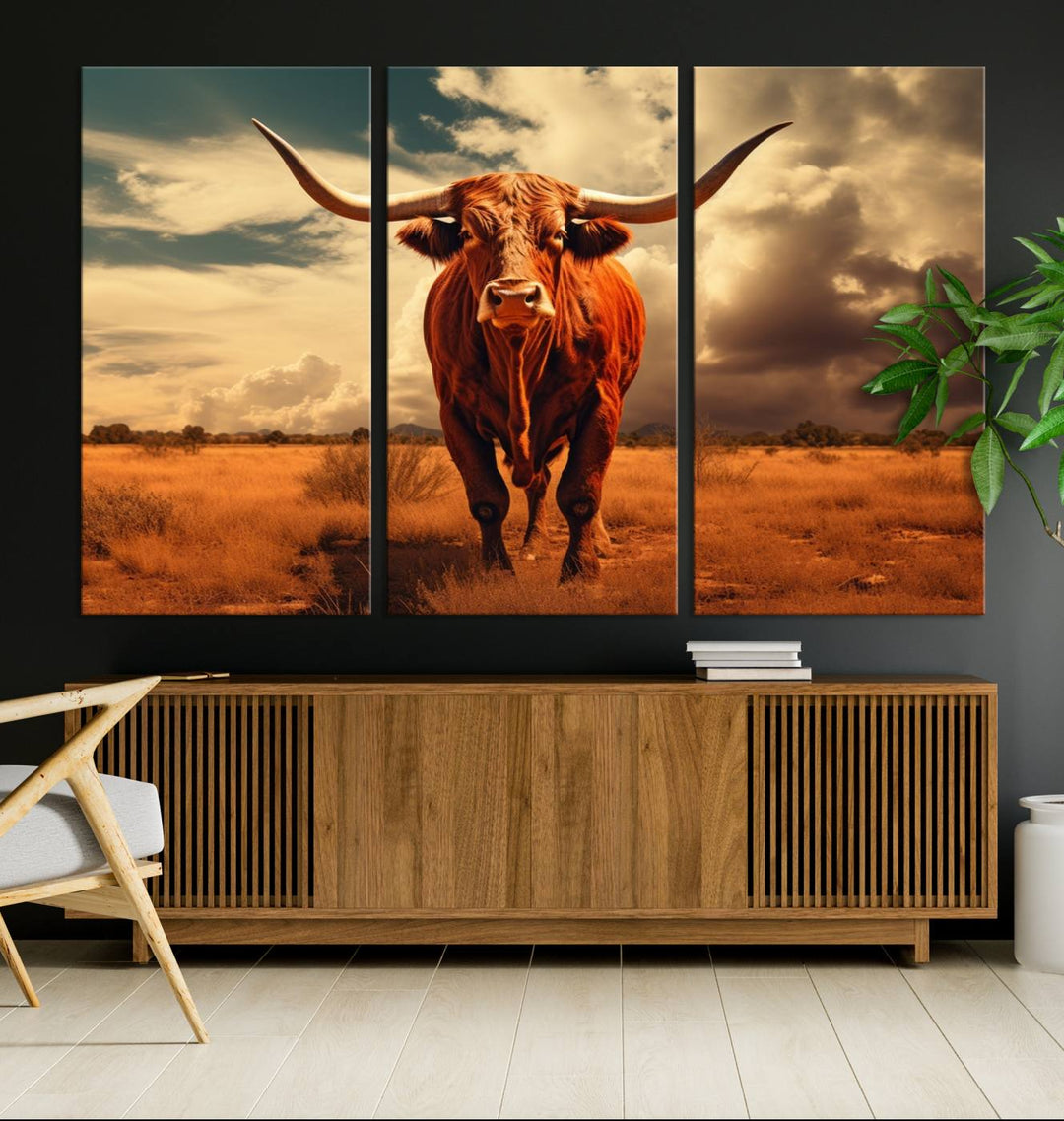 Cow Bighorn Wall Art Canvas Print, Longhorn Texas Large Cow Animal Canvas Print