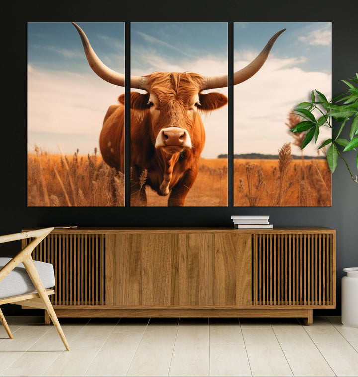 Cow Bighorn Wall Art Canvas Print, Longhorn Texas Large Cow Animal Canvas Print