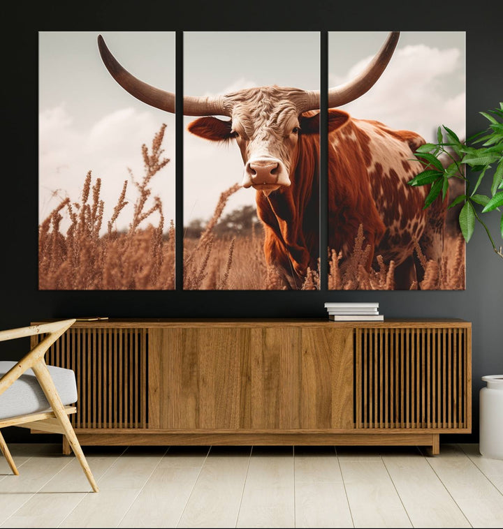 Cow Bighorn Wall Art Canvas Print, Longhorn Texas Large Cow Animal Canvas Print