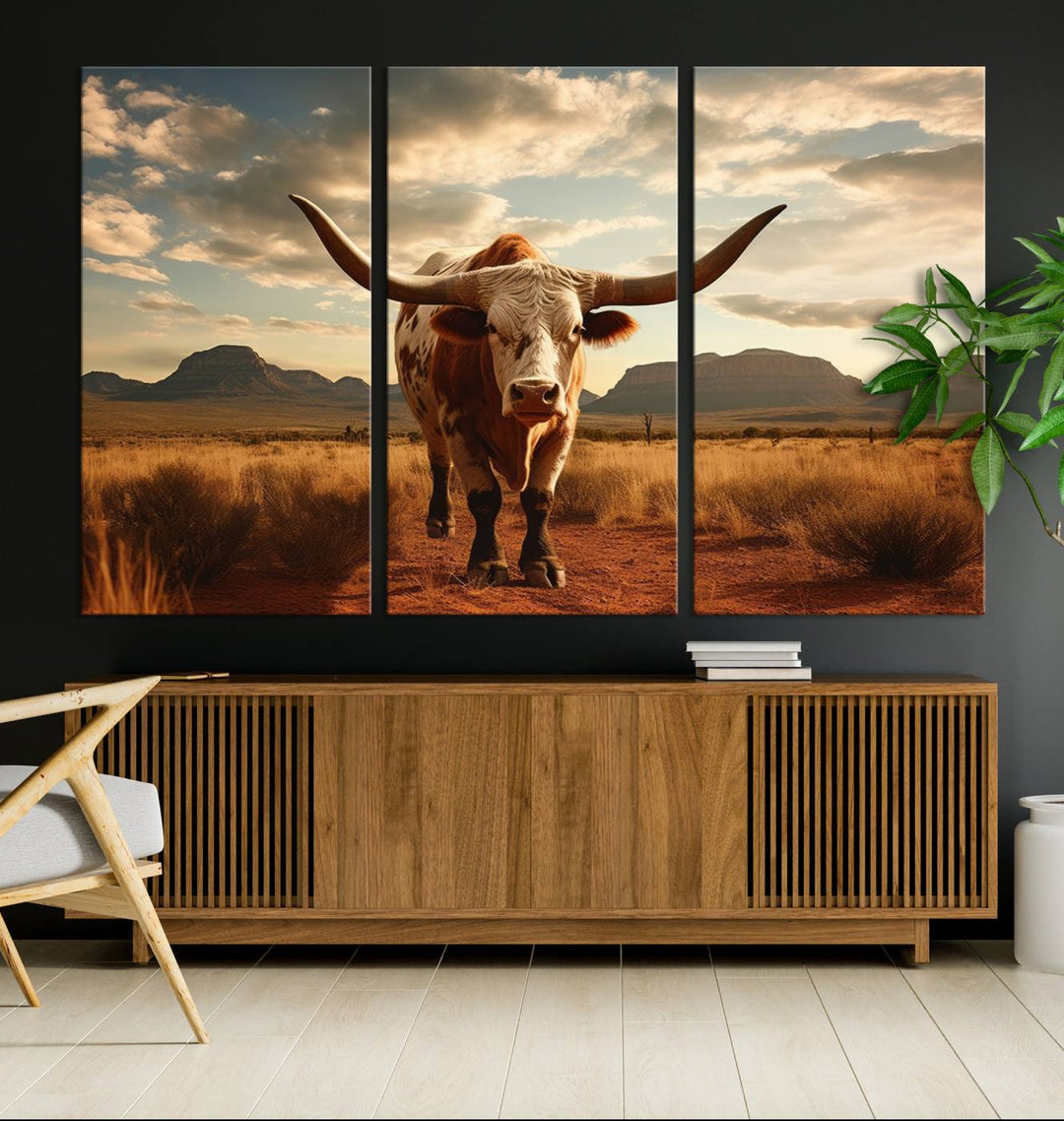 Cow Bighorn Wall Art Canvas Print, Longhorn Texas Large Cow Animal Canvas Print