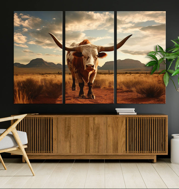 Cow Bighorn Wall Art Canvas Print, Longhorn Texas Large Cow Animal Canvas Print