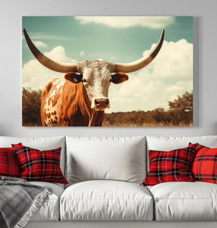 Cow Bighorn Wall Art Canvas Print, Longhorn Texas Large Cow Animal Canvas Print