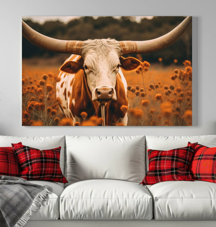 Cow Bighorn Wall Art Canvas Print, Longhorn Texas Large Cow Animal Canvas Print