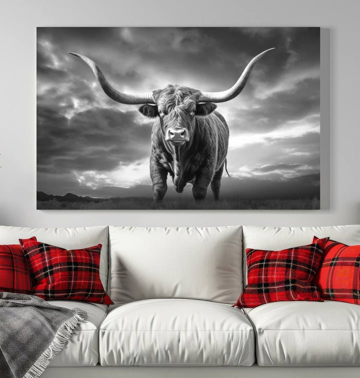 Cow Bighorn Wall Art Canvas Print, Longhorn Texas Large Cow Animal Canvas Print