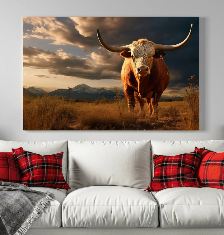 Cow Bighorn Wall Art Canvas Print, Longhorn Texas Large Cow Animal Canvas Print