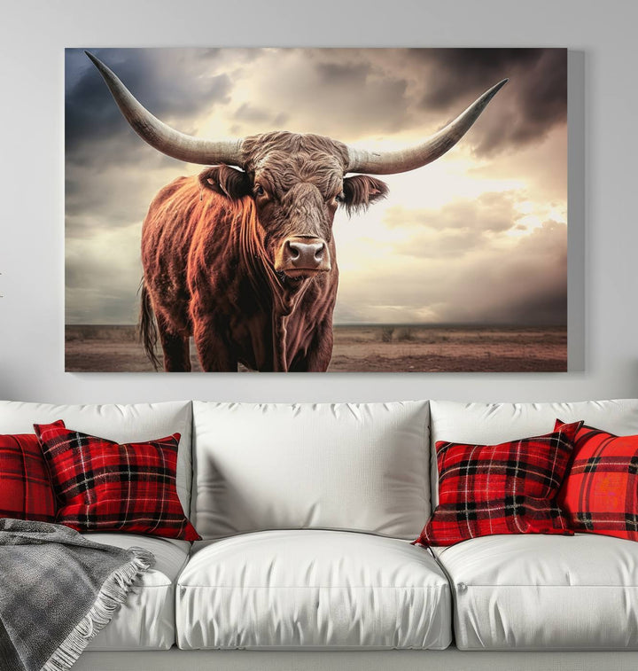 Cow Bighorn Wall Art Canvas Print, Longhorn Texas Large Cow Animal Canvas Print