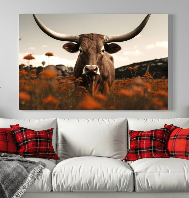 Cow Bighorn Wall Art Canvas Print, Longhorn Texas Large Cow Animal Canvas Print