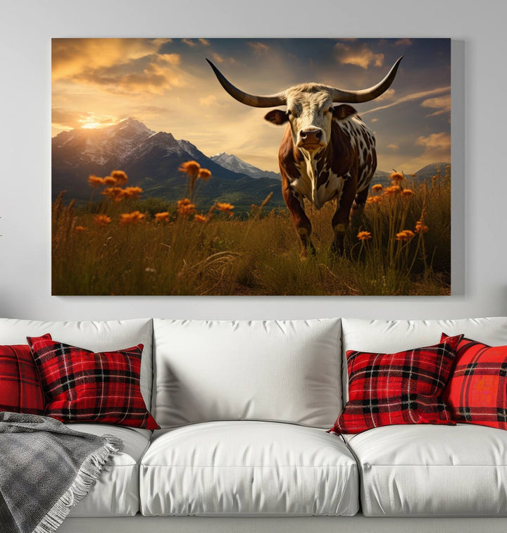 Cow Bighorn Wall Art Canvas Print, Longhorn Texas Large Cow Animal Canvas Print