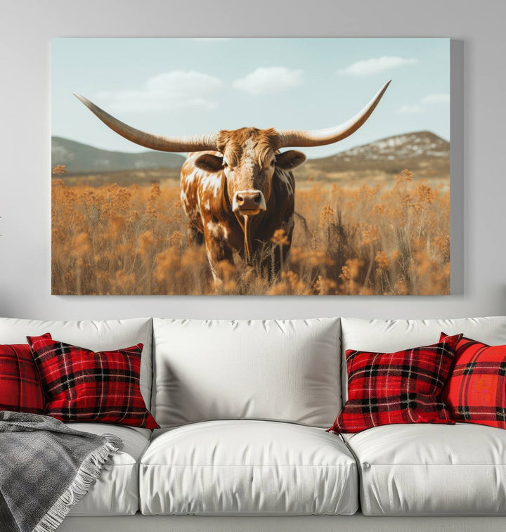 Cow Bighorn Wall Art Canvas Print, Longhorn Texas Large Cow Animal Canvas Print