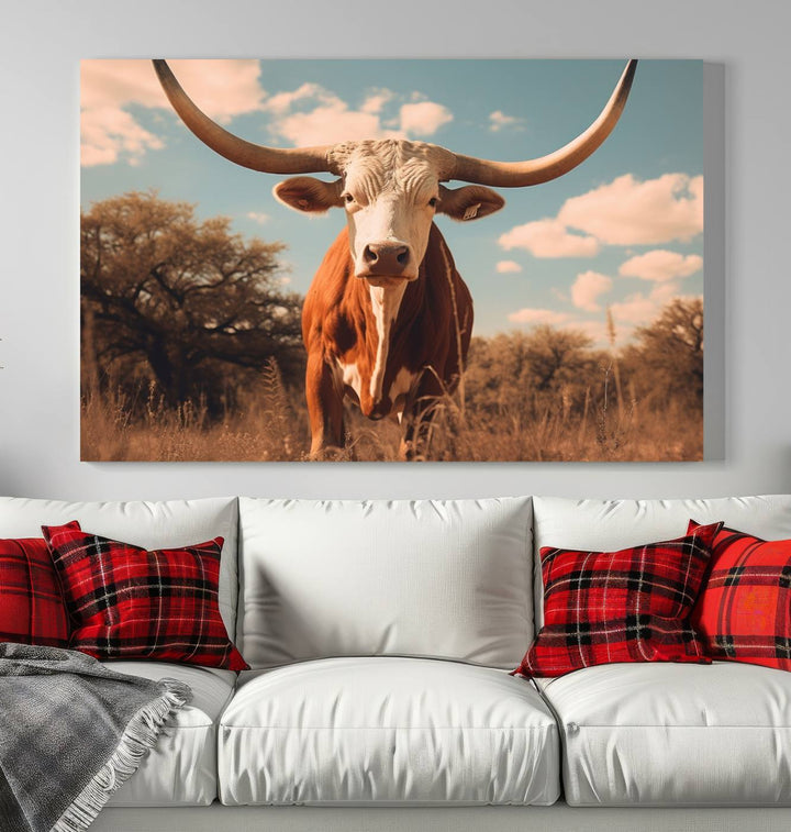 Cow Bighorn Wall Art Canvas Print, Longhorn Texas Large Cow Animal Canvas Print