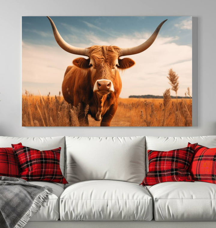 Cow Bighorn Wall Art Canvas Print, Longhorn Texas Large Cow Animal Canvas Print