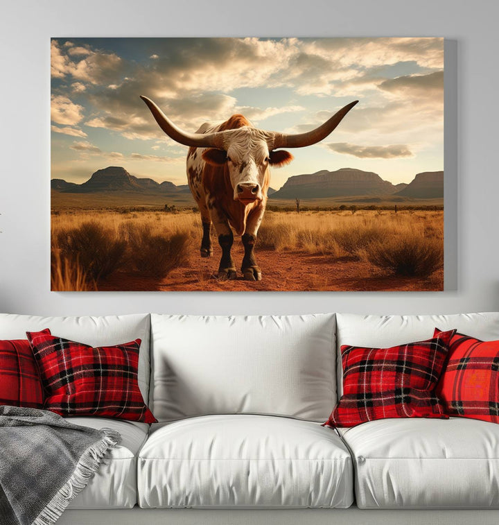 Cow Bighorn Wall Art Canvas Print, Longhorn Texas Large Cow Animal Canvas Print