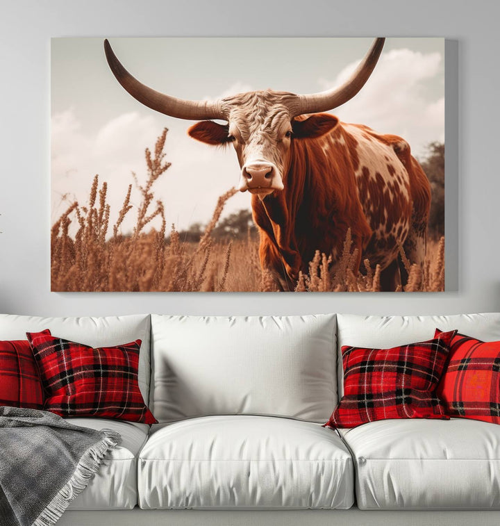 Cow Bighorn Wall Art Canvas Print, Longhorn Texas Large Cow Animal Canvas Print